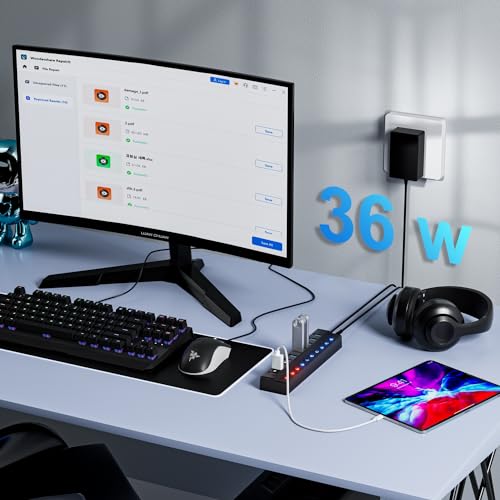 ONFINIO Powered USB Hub, 10-Port USB Splitter Hub (7 Faster Data Transfer Ports+ 3 Smart Charging Port) with Individual LED On/Off Switches and 12V/3A Power Adapter USB Extension for Mac, PC and More - style: 10 PORT QC 3.0