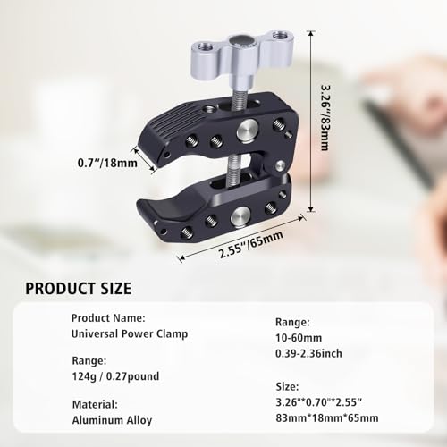 Universal Camera Clamp 10-60mm with 1/4"-3/8" Threads & Positioning Holes - Multi-Angle Adjustable Clamp for DSLR, Bike Handlebar, Desktop Streaming (Lightweight Aluminum Alloy) 62019