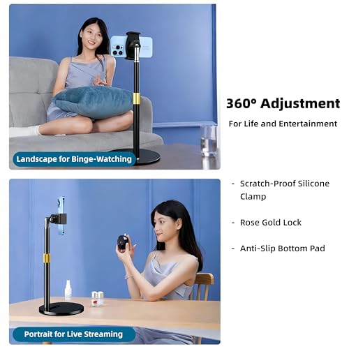 Phone Stand for Desk, Adjustable Height 9.8"-20", Full Metal Weighted Base, Small Tripod for iPhone Android with Case, Compatible with 4-7" Phones for Recording Video Call, Desk Phone Holder