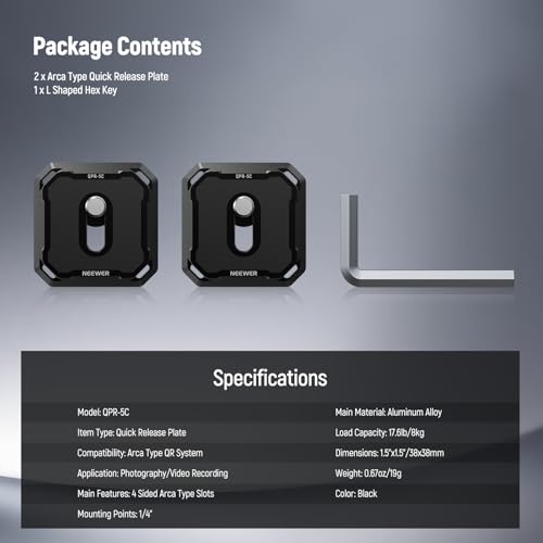 NEEWER 2 Pack Quick Release Plate Kit, 38mm QR Camera Mounting Adapter Compatible with Arca Swiss, Tripod Mount to Shoulder Strap Quick Switch Anti Off with Washers, QPR-5C - style: QPR-5C