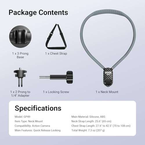 NEEWER Neck Mount Compatible with GoPro DJI Insta 360 Action Cameras, Quick Release Neck Holder with Air Cushion & Adjustable Chest Strap, Accessories Kit for POV Vlogging Video Recording, GP49 - style: GP49