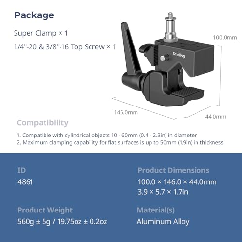SMALLRIG Super Clamp Kit, Heavy Duty Max Load 33lb /15kg, with a 1/4"-20 & a 3/8"-16 Top Screw on a 5/8" Stud, for Photography Studio Video Camera Lighting, for Round Pipe and Flat Surface - size: Clamp
