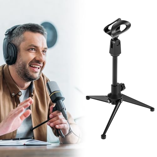 QWORK Desk Mic Stand, Foldable Desktop Microphone Tripod Stand, with 5/8" Male to 3/8" Female Adapter, for Dynamic & Condenser Mics
