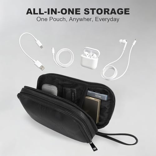 Travel Cable Organizer Bag, Electronic Accessories Carry Pouch, Portable Waterproof Double Layers All-in-One Storage Bag for Cord, Charger, Phone, Earphone (Black, Small)