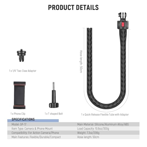NEEWER Flexible Phone Holder with Magnetic Quick Release Camera Mount Compatible with Insta360 DJI Action 4 iPhone, Bendable Selfie Stick for Shopping Cart/Stroller/Treadmill/Gym, GP-17 - style: GP-17