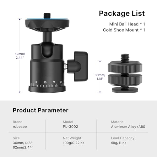 Mini Ball Head, rubesee Panoramic Camera Tripod Head with 1/4" Screw Shoe Mount, 360 Rotatable Metal Adapter for DSLR Camera Tripods Monopods Camcorder Light Microphone Photography, Max Load 5.5lbs