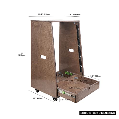 Sound Town DIY 16U Slanted Recording Studio Rack with Extra 2U Drawer, Rubber Feet & Casters, Solid Baltic Birch Plywood Audio Equipment Rack, Weathered Brown (SDRK-16TBD2) - size: 16U, Weathered Brown, Slanted w/ Drawer