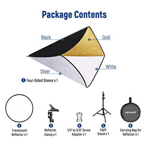 NEEWER 43"/110cm Light Reflector Kit, 5 in 1 Collapsible Round Reflector (Translucent/Silver/Gold/White/Black), Metal Clamp and 21"-43”/53-110cm Short Stand for Low Angle Studio Photography - style: 110cm w/Clamp&Stand