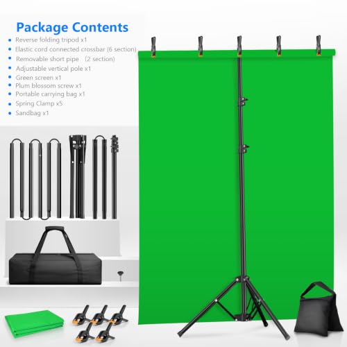 Green Screen Backdrop Kit with Stand, 8x7.2ft Green Background with Reverse Folding Base, Portable T-Shape Stand with 5 Spring Clamps, Sandbag, Carry Bag for Zoom, Streaming, Photography