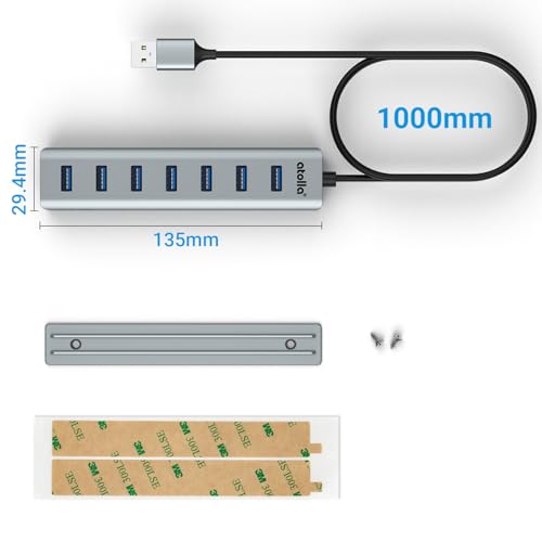 atolla 7-Port Mountable USB 3.0 Hub with Removable Sliding Rails - High-Speed Data Splitter for Desk Organization & Stable Connection, Compatible with MacBook, Laptop, PS4, PC