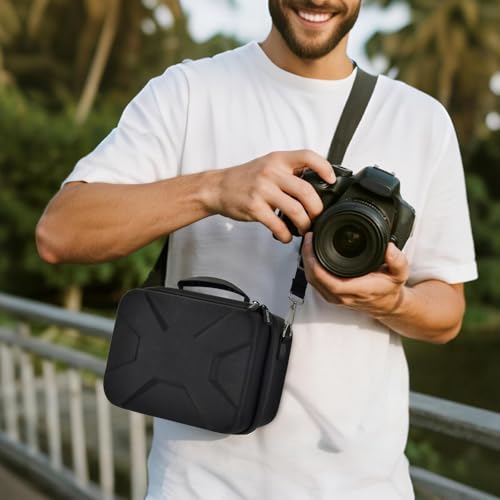 Comecase Hard Camera Case for Canon R50/R100/T7, for Sony A6400/ZV-E10 | Small Camera Bag with Hard EVA Shell, Adjustable Dividers, 6 Battery/SD Organizer Slots and Shoulder Strap, case only - color: Jet Black