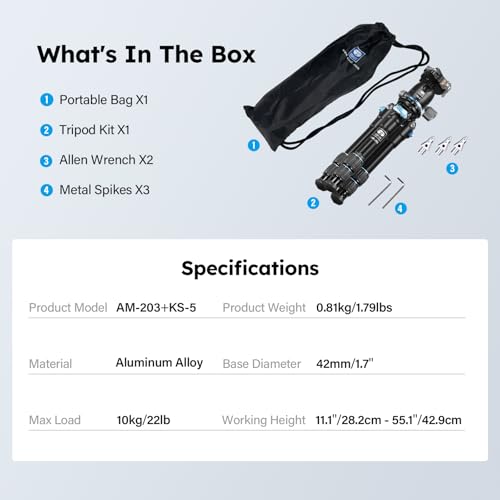 SIRUI Mini Tripod with 360° Panoramic Ball Head, Tabletop Travel Tripod for Camera, Quick Release System, Max Load 33lbs/15KG, Max Height 16.7”, AM-203+KS-5 (AM-203+KS-5) - size: AM-203+KS-5