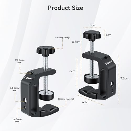 UTEBIT 0.36"-2" Aluminum C-Clamp for Desktop Mount Holder, Black | 2 Pack Universal Desk Clamp with 1/4" and 3/8" Thread, Adjustable Versatile Clamp for Desktop Mount Tables Desk - size: 0.36-2.0 inch