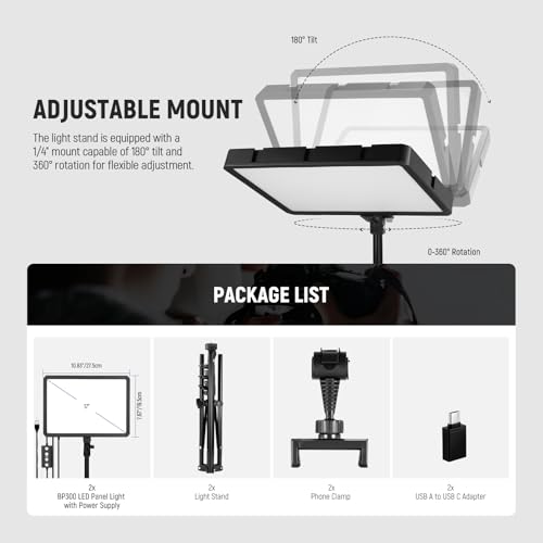 NEEWER Basics 2Pcs LED Video Light Panel with 59'' Tripod Stands/Phone Holders, 2700-6500K 850Lux Dimmable Plastic Studio Lighting for Photography Filming Recording Live Streaming, No Adapter, BP300