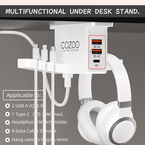 cozoo Headphone Stand with USB Charger (PD & QC3.0) Under Desk Headset Holder Mount 3 USB Charging Station,iWatch Stand Watch Dock Dual Earphone Hanger Hook,PC Accessories Gifts,UL Tested (White) - color: White (PD & QC3.0)