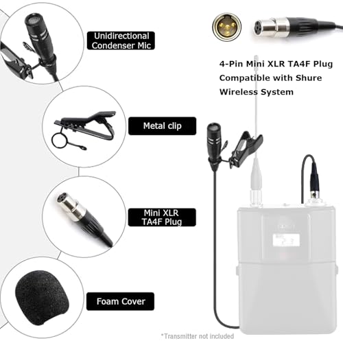 Lavalier Lapel Microphone Unidirectional Condenser Super Cardioid Mic Compatible with Shure Wireless Bodypack Transmitter System with Mini XLR 4 Pin TA4F Plug - style: Mini XLR TA4F Plug Compatible with Shure Only