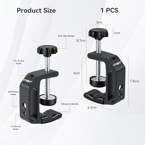 UTEBIT 1Pcs Aluminum Alloy C-Clamp for Desktop Mount Holder, 0.36-1.2 inch | Aluminum Universal Table Clamp with 1/4 and 3/8 Thread Hole, Desktop DSLR Mount for Shelves, Desk, Rods, Camera - size: 0.36-1.57 inch