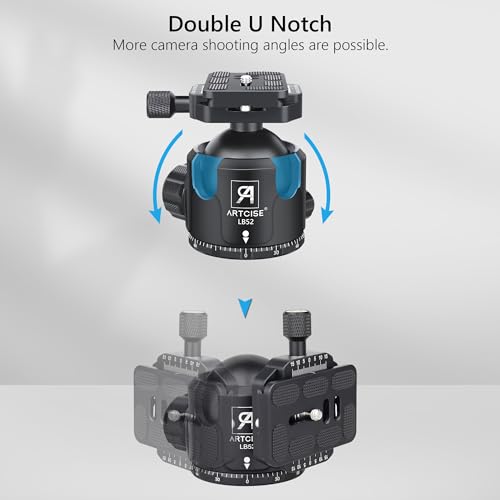 52mm Low Profile Ball Head Tripod Mount Ball Head ARTCISE All Metal CNC Machining with Two 1/4" Quick Release Plates for Tripod, Monopod, DSLR, Camcorder,Max Load 66lbs /30kg(All Black)