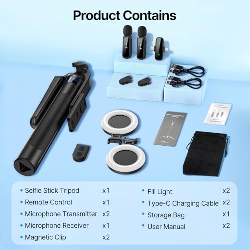 yAyusi Vlogging Kit for iPhone/Android, 70.9" Extendable Selfie Stick Tripod for iPhone with Light, Remote Control & Microphone for TikTok/YouTube/Content Creator Essentials Starter Kit