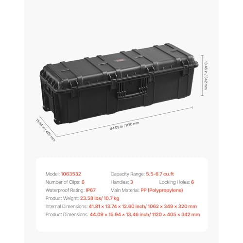 VEVOR Weatherproof Hard Case, Heavy Duty Protective Dry Box Case with Pre-Cut Foam Retractable Pull Handles for Travel, Hunt, Military, Tactical, IP67 Waterproof, for Cameras(44.09 * 15.94 * 13.46) - size: 112x41x34 cm