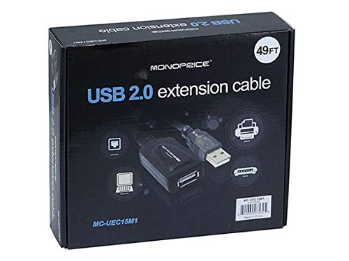 Monoprice 49ft 15M USB 2.0 A Male to A Female Active Extension / Repeater Cable (Kinect & PS3 Move Compatible Extension) - size: 1 Count (Pack of 1)