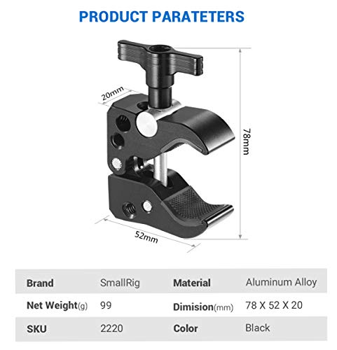 SMALLRIG Super Clamp with 1/4"-20 Thread Holes, 3/8"-16 Locating Pin for ARRI Standard, T-Shaped Wingnut and Rubber Pads