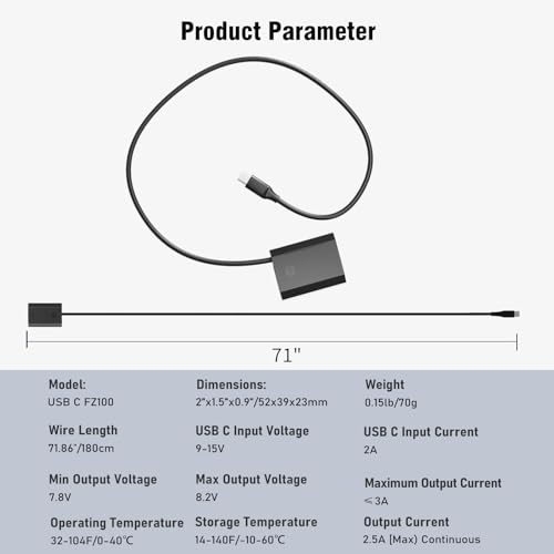 USB C to NP-FZ100 Dummy Battery Compatible with Sony NP-FZ100 Battery for FX3, A7S III, A7 IV, A7 III, A7R III, A7R IV, A7R V, A7C II, A7CR, A1, A9, A9 II, A6600, A6700, FX30, ZV-E1, ZV-E10 II