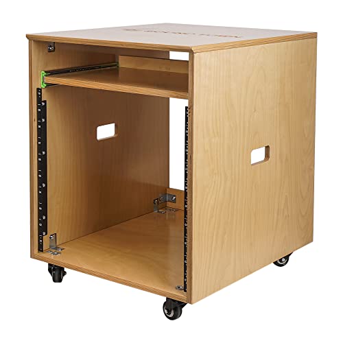 Sound Town 10U Solid Baltic Birch Plywood Studio Rack Desk with Slide-Out Tray, Rubber Feet, Casters, for Recording, Podcasts, Broadcasts, Streaming, Golden Oak (SDRK-ST10) - size: 10U, Golden Oak w/ Tray