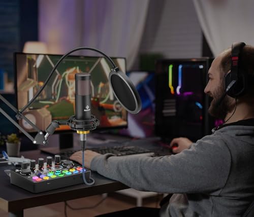 Podcast Equipment Bundle, Mixer with 48V XLR Condenser Microphone, TF card,5RGB,Surround Sound,Suitable for Streaming/TikTok/YouTube, Compatible with Mobile Phones, PC,Camera RS2 - style: Audio interface+ 1 condenser mic