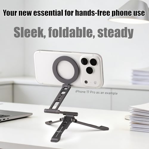 SHINEWEE Ultra-Compact Magnetic Tripod Stand: Aluminum Phone Mount for iPhone 17/16/15/14/13/12 Pro Max, Adjustable Cellphone Holder with 1/4” Screw & Travel Hook (Grey)