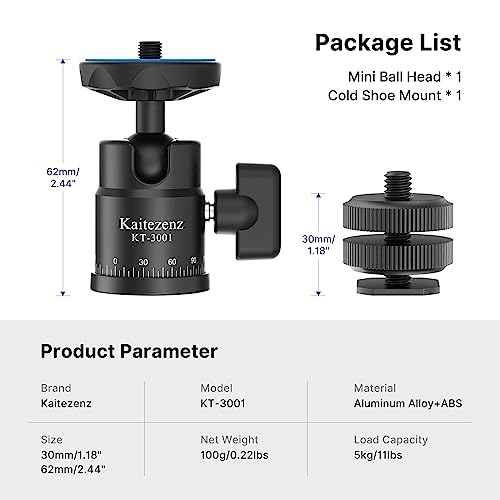 Kaitezenz Mini Ball Head, Panoramic Camera Tripod Head with 1/4" Screw and Dual Hot Shoe Mount, 360 Rotatable Metal Adapter for DSLR Camera Tripods Monopods Camcorder Light Microphone, Max Load 5.5lbs