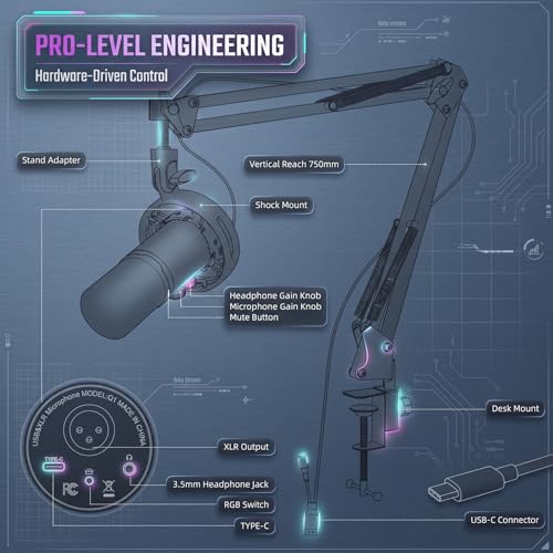 Gaming Microphone Set, USB & XLR Dynamic PC Mic for Streaming & Podcast, Computer RGB Mic Kit with Boom Arm, Mute Button & Headphone Jack, Cardioid Polar Pattern for Vocals, Voice-Over - color: Black