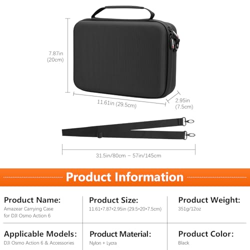 AMAZEAR Carrying Case for DJI Osmo Action 6 Accessories, Compact Hard Shell Carry Bag with Shoulder Strap, Portable Camera Case for Travel, Organization, Storage, Protection, Black