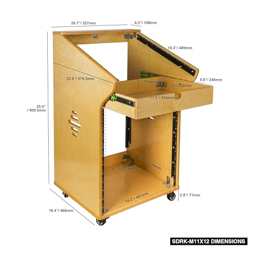 Sound Town DIY Solid Baltic Birch Plywood Recording Studio Rack, Audio Equipment Rack with 11U Slant Mixer Top,12U Front, 2U Drawer, Rubber Feet, Casters, Golden Oak (SDRK-M11X12) - size: 12U,Golden Oak