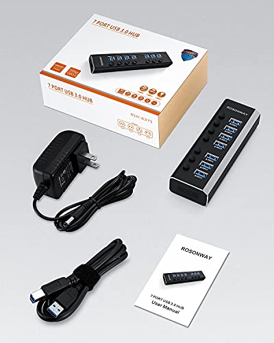 USB Hub 3.0 Powered Rosonway Aluminum 7 Ports USB 3.0 Data Hub Splitter with 24W (12V/2A) Power Adapter and Individual On/Off Switches USB Port Expander for PC and Laptop (RSH-A37S) - size: 7-Port Powered USB 3.0 Hub