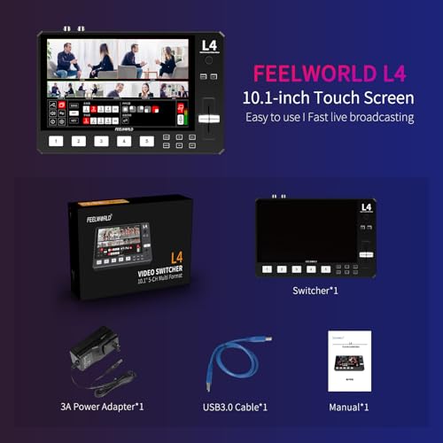 FEELWORLD L4 10.1 Inch Touch Screen Video Switcher 10.1 inch Touchscreen, Real-time Preview 5 Input Sources PST PGM and Operation Interface