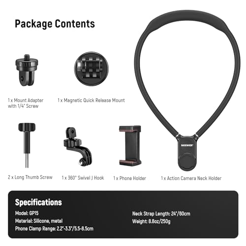 NEEWER Magnetic Neck Mount Compatible with GoPro Hero 13 12 11 MAX DJI Action 4 Insta360 iPhone 15 Pro Max Samsung S23, Quick Release Flexible POV Action Camera Neck Mount Adapter & Phone Holder, GP15 - style: GP15