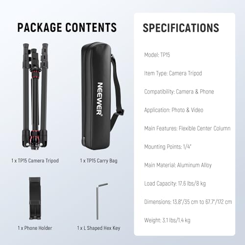 NEEWER Basics TP15 Camera Tripod Monopod, 68" Metal Heavy Duty Portable Travel DSLR Cell Phone Stand with Cellphone Holder Mount Compatible with iPhone Filming Video Recording, Ball Head Not Included - style: TP15