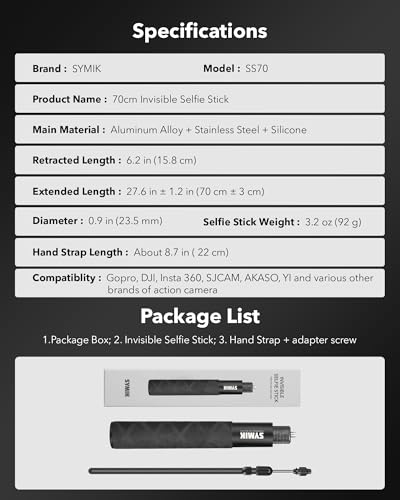 SYMIK Invisible Selfie Stick for Insta360 70 cm/27.6 in, 360 Camera Stick | Aluminum Alloy Extension Stick for Insta 360 X5 X4 Air X3 ONE X2, Osmo 360, Portable Extendable Monopod Pole with Wrist Strap - size: 70 cm / 27.6 in