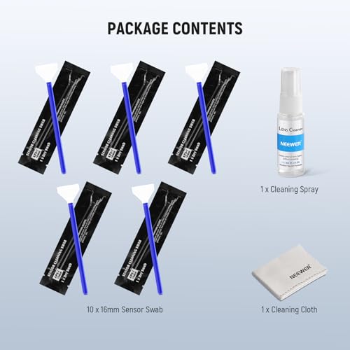 NEEWER 12 in 1 Camera Lens Cleaning Kit for DSLR Cameras, Electronics, Phones, Tablets, 10x Cleaning Swab for 16mm APS-C Sensor + 1x Cleaner Spray + 1x Cloth, HM-47