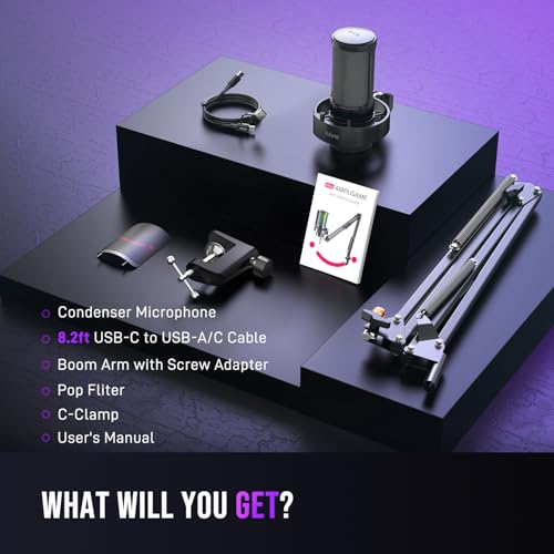 FIFINE USB Gaming Microphone Kit, PC Streaming Mic with RGB Lights, Mute, Gain Knob, Metal Boom Arm for Recording Podcast, Condenser Computer Microphone Set Compatible with PS4/PS5-AmpliGame A8T - size: A8T-Boom Arm