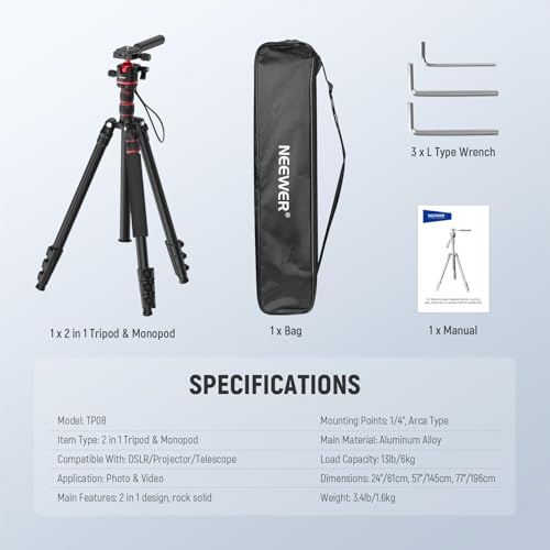 NEEWER Basics Camera Tripod Monopod, 77" Compact Lightweight Travel DSLR Video Stand, 360° Ball Head, Arca Type QR Plate, Reversible Legs & Inverted Central Axis, 13lb Max Load, TP08 - style: TP08