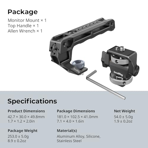 SMALLRIG Top Handle with Monitor Mount Kit, with 3/8"-16 Locating Holes for ARRI, 5 Built-in Cold Shoe, 360° Swivel and 180° Tilt Adjustable Monitor Holder with Thumbscrew, Anti-Twist Design - 5322