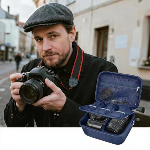 Comecase Hard Camera Case for Canon R50/R100/T7, for Sony A6400/ZV-E10 | Small Camera Bag with Hard EVA Shell, Adjustable Dividers, 6 Battery/SD Organizer Slots and Shoulder Strap, Dark Blue - color: Dark Blue