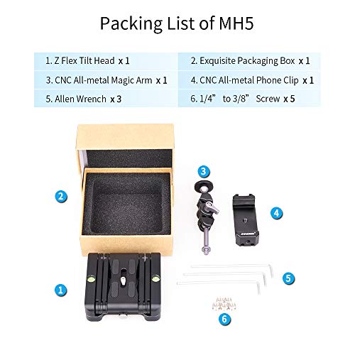 Z-Flex Tilt Tripod Head-INNOREL MH5 CNC Aluminum Alloy All Metal Flexible Folding Z Pan 360° Horizontal Rotation with Magic Arm and Phone Mounting Clip Max Load 6.61lb for Canon Nikon Sony DSRL Slider - size: MH5 Kit