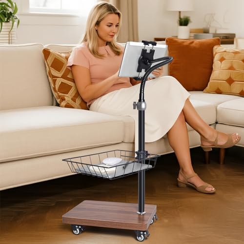 wishacc Adjustable Floor Tablet Stand with Rolling Base, Flexible Gooseneck Mount, Wood Platform, Mobile Device Holder for Indoor Use - size: 15.4 x 11 x 11 inches