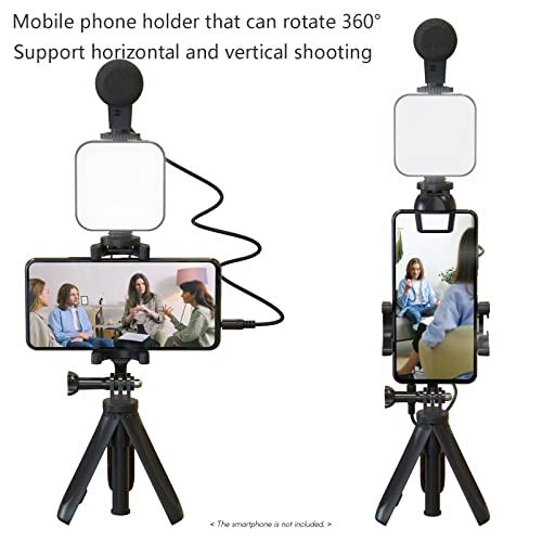 Andoer Smartphone Vlogging Kit Tripod Phone Holder + Microphone + Video Light + Clip + 3.5mm TRS to TRRS Audio Cable for Live Stream Video Recording