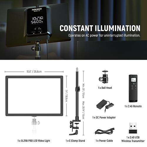 NEEWER 25W 12.9" Streaming Key Light with Desk Stand/2.4G Remote/USB Transmitter, PC/Mac APP Control 2300Lx/0.5m 2900-7000K CRI98+ Dimmable Edge Lit Video Panel Light for Webcam Laptop Zoom, GL25B
