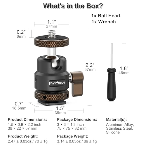 MINIFOCUS Metal Ball Head Camera Mount 360 Rotating with 1/4" Screw and Cold Shoe Adapter, 11lbs/5kg Load for 1/4" Tripod, Monopod, DSLR, Flash, Cell Phone Holder, Action Camera - color: S3017