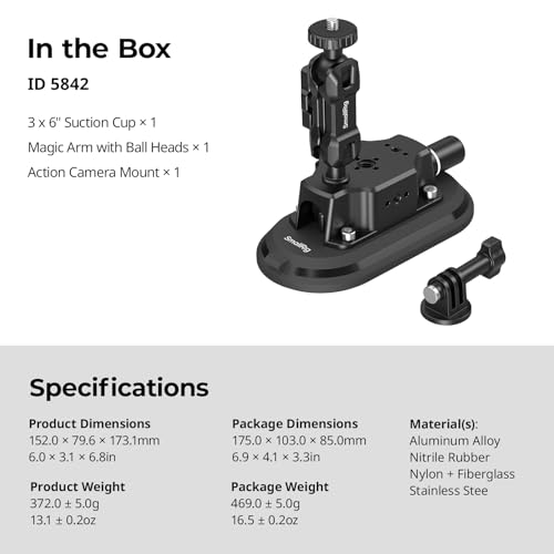 SMALLRIG 3 x 6 Car Suction Cup Mount for Action Cameras, Suction Pad with Manual Pump Lock, Dual Ball Head Magic Arm, Windshield Mount for GoPro 13/12, for DJI Action 6/5 Pro, Insta360 x5-5842